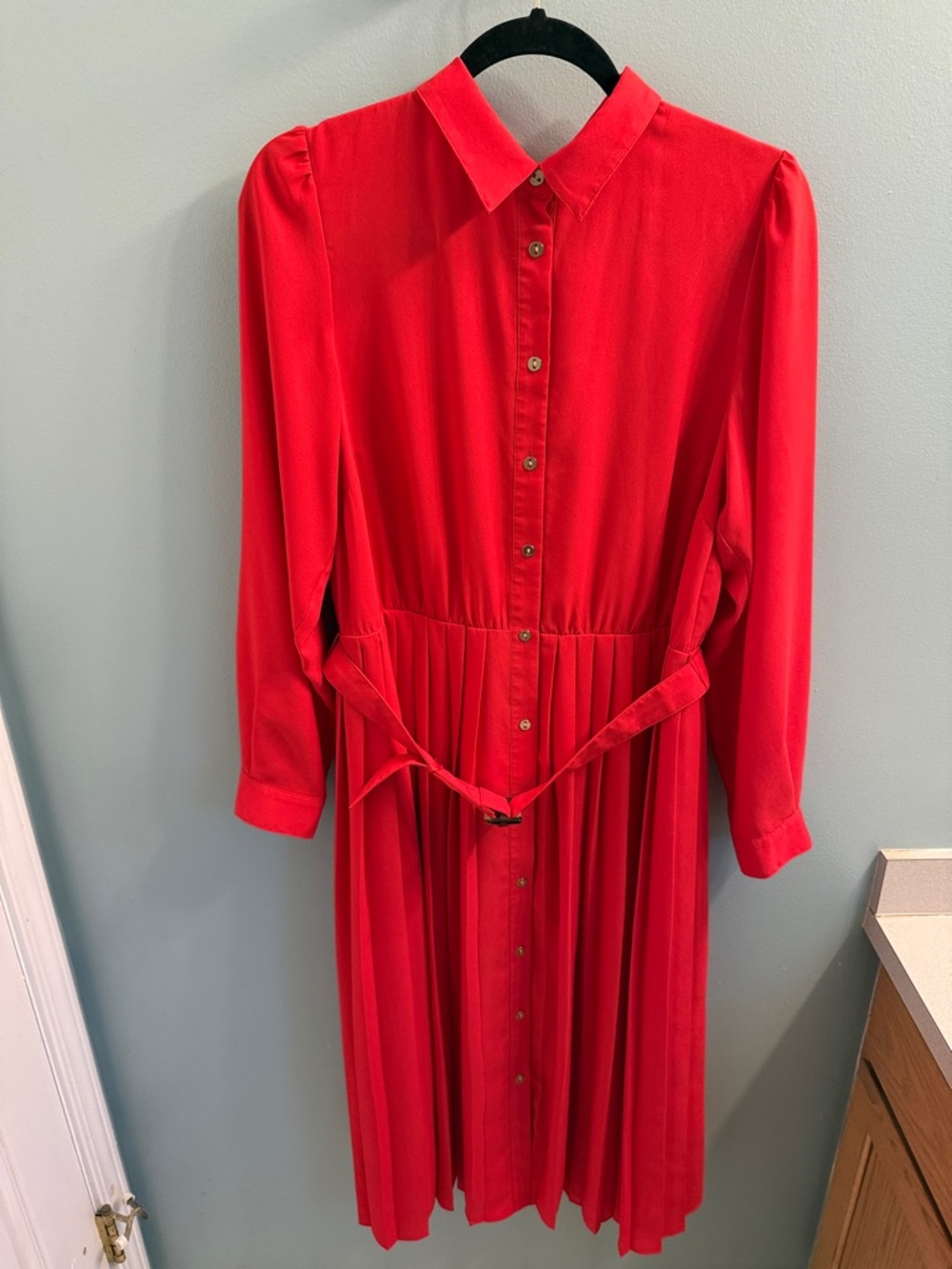 Ann Taylor Red Long-Sleeve Button-Front Shirt Dress